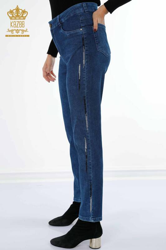 Wholesale Women's Jeans With Side Striped Crystal Stone Pockets - 3637 | KAZEE