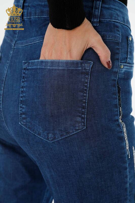 Wholesale Women's Jeans With Side Striped Crystal Stone Pockets - 3637 | KAZEE