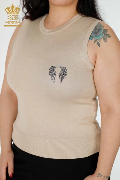 Wholesale Women's Knitwear Angel Wing Pattern Sleeveless Beige - 16921 | KAZEE - Thumbnail
