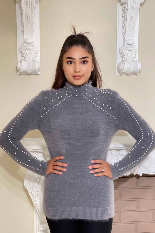 Wholesale Women's Knitwear Angora Stand Collar Beaded Embroidered - 18755 | KAZEE