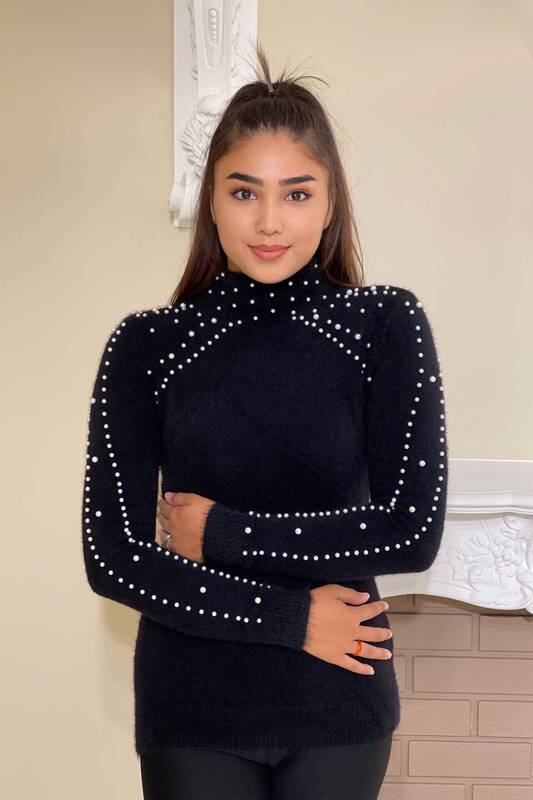 Wholesale Women's Knitwear Angora Stand Collar Beaded Embroidered - 18755 | KAZEE