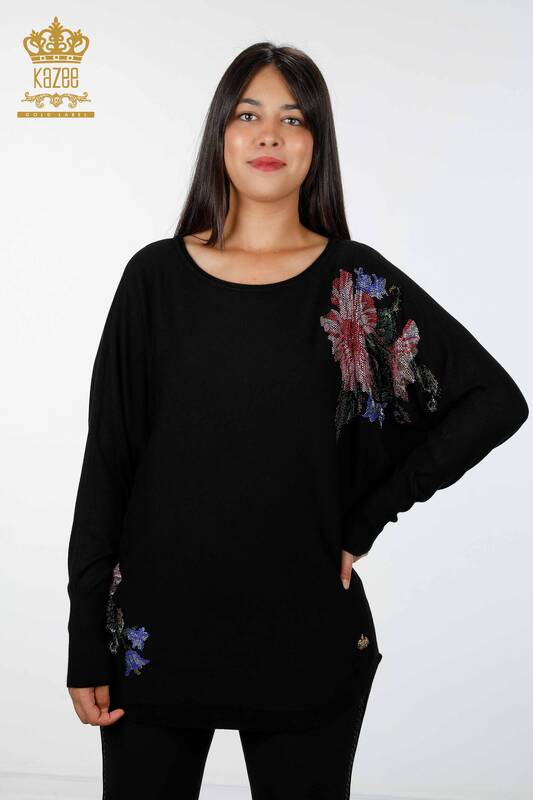 Wholesale Women's Knitwear Bat Sleeve Flower Detailed Stone Embroidered - 16190 | KAZEE