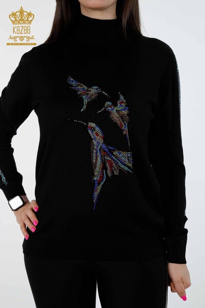 Wholesale Women's Knitwear Bird Patterned Turtleneck Stone Embroidered - 16459 | KAZEE - Thumbnail