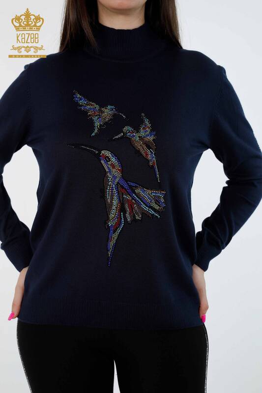 Wholesale Women's Knitwear Bird Patterned Turtleneck Stone Embroidered - 16459 | KAZEE