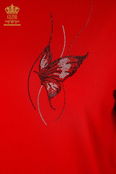Wholesale Women's Knitwear Butterfly Patterned Sleeve Stripe Line Stone Embroidered - 16898 | KAZEE - Thumbnail