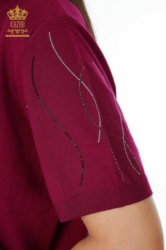 Wholesale Women's Knitwear Butterfly Patterned Sleeve Stripe Line Stone Embroidered - 16898 | KAZEE