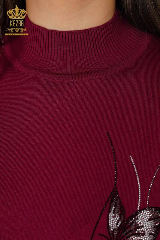 Wholesale Women's Knitwear Butterfly Patterned Sleeve Stripe Line Stone Embroidered - 16898 | KAZEE