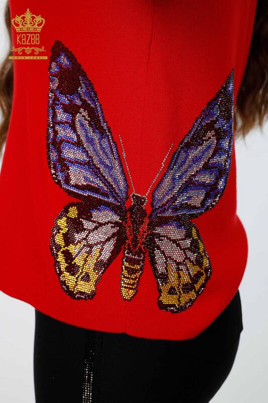 Wholesale Women's Knitwear Butterfly Patterned Stone Embroidered Viscose - 16474 | KAZEE