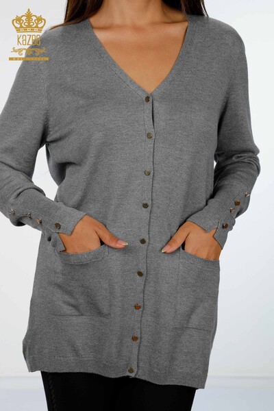 Wholesale Women's Knitwear Cardigan V Neck Pocket Cuff Button Detailed - 15945 | KAZEE - Thumbnail