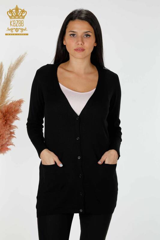Wholesale Women's Knitwear Cardigan Buttoned Black - 15803 | KAZEE