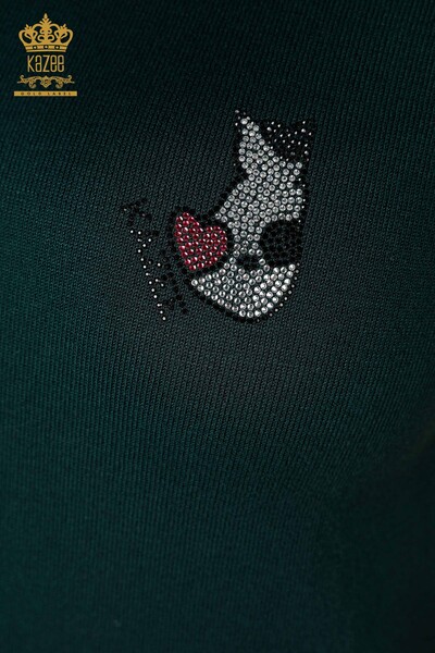 Wholesale Women's Knitwear Cat Patterned Sleeveless Dark Green - 16902 | KAZEE - Thumbnail
