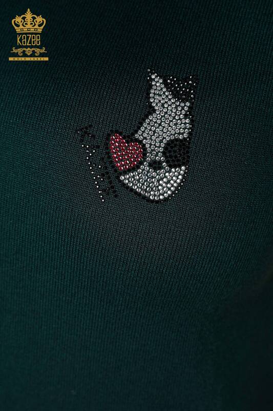 Wholesale Women's Knitwear Cat Patterned Sleeveless Dark Green - 16902 | KAZEE