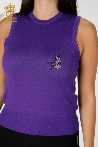 Wholesale Women's Knitwear Cat Patterned Sleeveless Purple - 16902 | KAZEE - Thumbnail