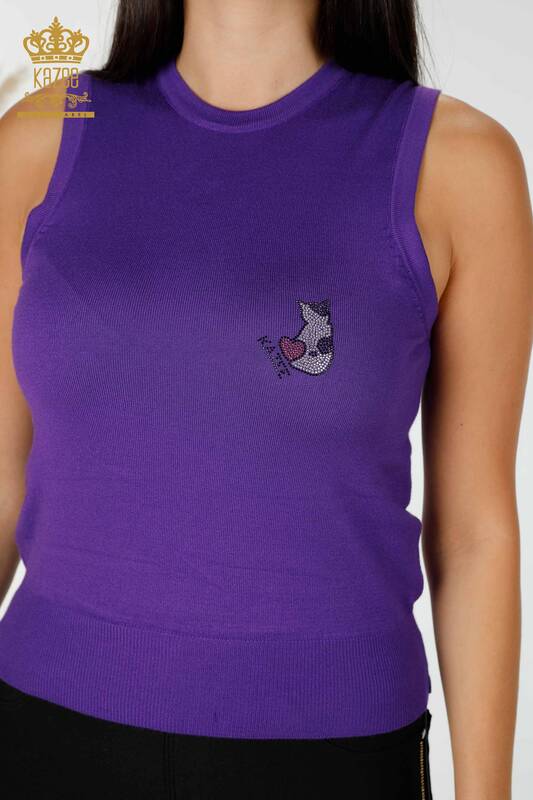 Wholesale Women's Knitwear Cat Patterned Sleeveless Purple - 16902 | KAZEE