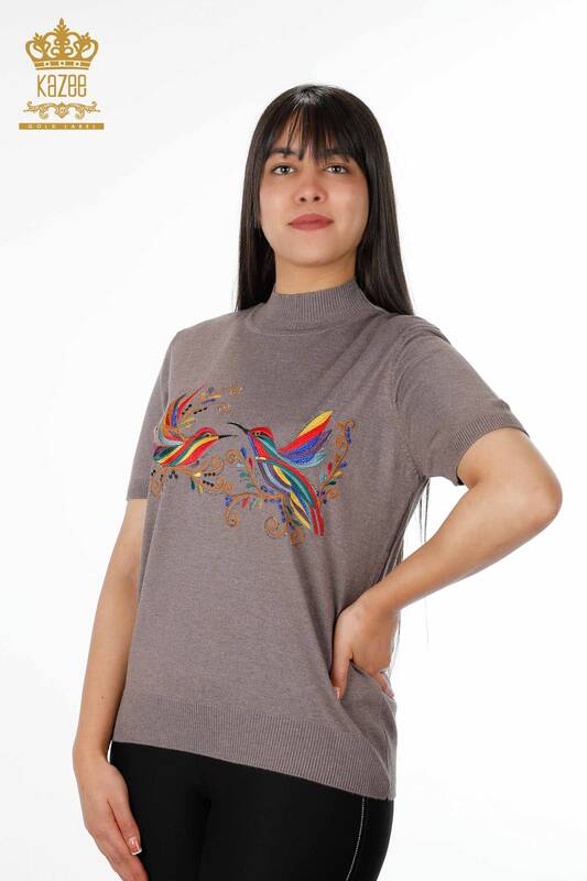 Wholesale Women's Knitwear Colored Bird Patterned American Model Stone - 16690 | KAZEE