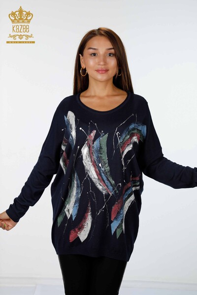 Wholesale Women's Knitwear Colored Feather Patterned Crew Neck - 16592 | KAZEE - Thumbnail