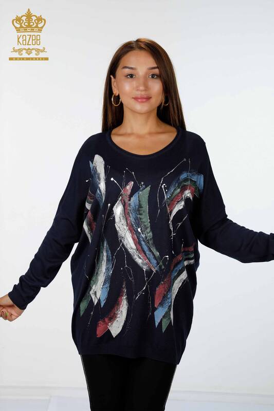 Wholesale Women's Knitwear Colored Feather Patterned Crew Neck - 16592 | KAZEE