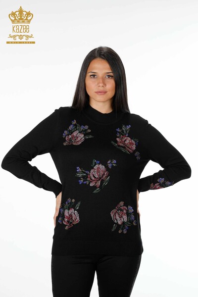 Wholesale Women's Knitwear Colored Stone Embroidered Floral Pattern Long Sleeve - 16981 | KAZEE - Thumbnail