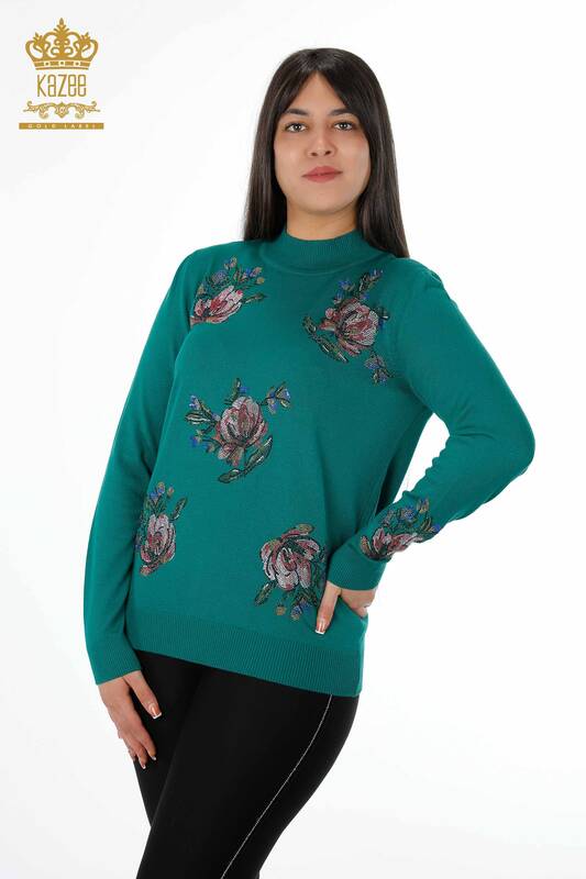 Wholesale Women's Knitwear Colored Stone Embroidered Floral Pattern Long Sleeve - 16981 | KAZEE