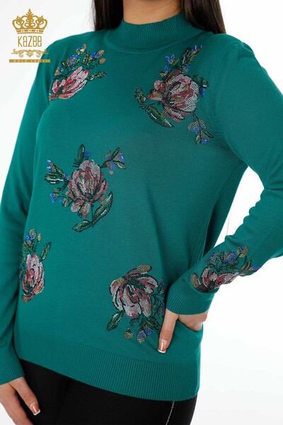 Wholesale Women's Knitwear Colored Stone Embroidered Floral Pattern Long Sleeve - 16981 | KAZEE - Thumbnail