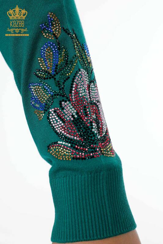 Wholesale Women's Knitwear Colored Stone Embroidered Floral Pattern Long Sleeve - 16981 | KAZEE