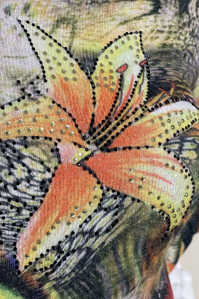 Wholesale Women's Knitwear Digital Print Angora Flower Embroidered - 18764 | KAZEE - Thumbnail