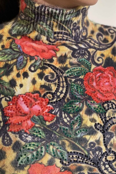 Wholesale Women's Knitwear Digital Print Angora Flower Embroidered - 18765 | KAZEE - Thumbnail