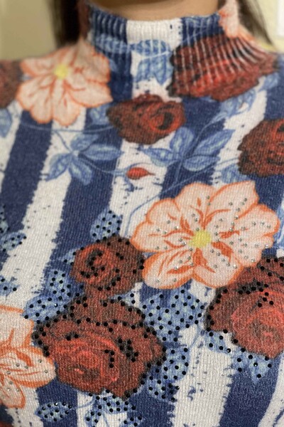 Wholesale Women's Knitwear Digital Printed Angora Flower Embroidered - 18608 | KAZEE - Thumbnail