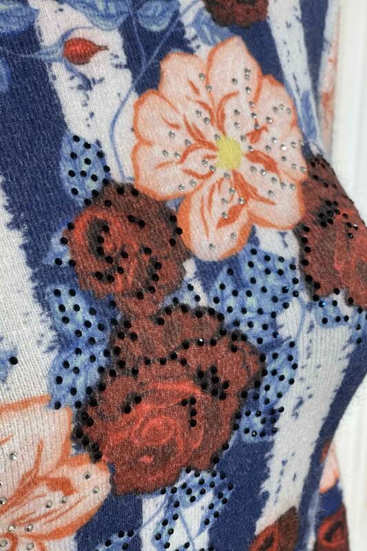 Wholesale Women's Knitwear Digital Printed Angora Flower Embroidered - 18608 | KAZEE