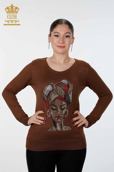 Wholesale Women's Knitwear Face Printed Stone Embroidery - 15728 | KAZEE - Kazee