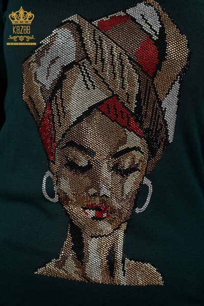 Wholesale Women's Knitwear Face Printed Stone Embroidery - 15728 | KAZEE - Thumbnail