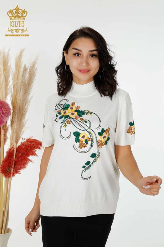 Wholesale Women's Knitwear Floral Patterned Ecru - 16811 | KAZEE