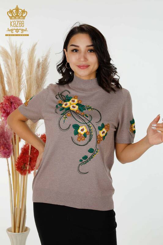 Wholesale Women's Knitwear Floral Patterned Mink - 16811 | KAZEE