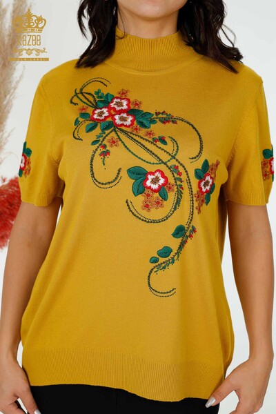 Wholesale Women's Knitwear Floral Patterned Mustard - 16811 | KAZEE - Thumbnail