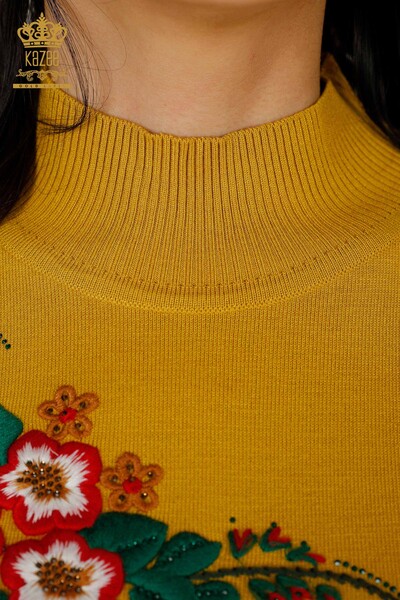 Wholesale Women's Knitwear Floral Patterned Mustard - 16811 | KAZEE - Thumbnail