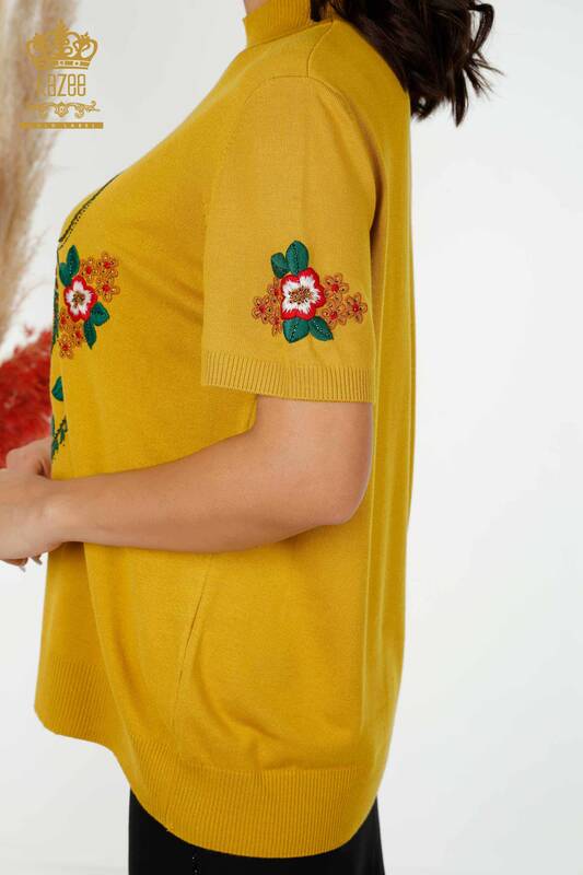 Wholesale Women's Knitwear Floral Patterned Mustard - 16811 | KAZEE
