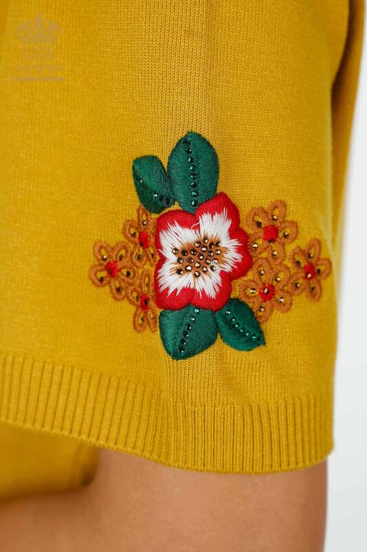 Wholesale Women's Knitwear Floral Patterned Mustard - 16811 | KAZEE