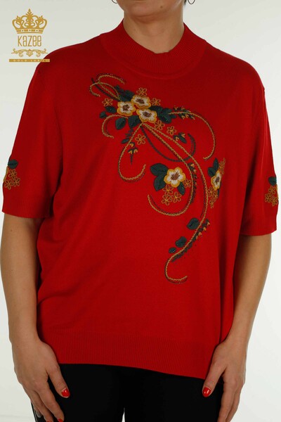 Wholesale Women's Knitwear Floral Patterned Red - 16811 | KAZEE - Thumbnail
