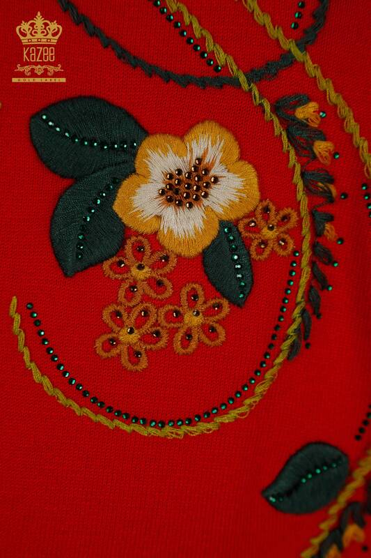 Wholesale Women's Knitwear Floral Patterned Red - 16811 | KAZEE