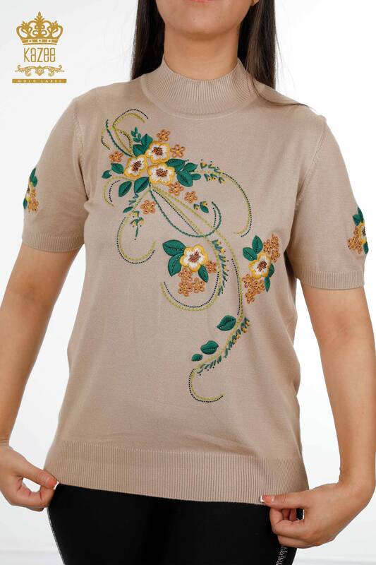 Wholesale Women's Knitwear Floral Embroidered Stand Up Collar American Model - 16811 | KAZEE