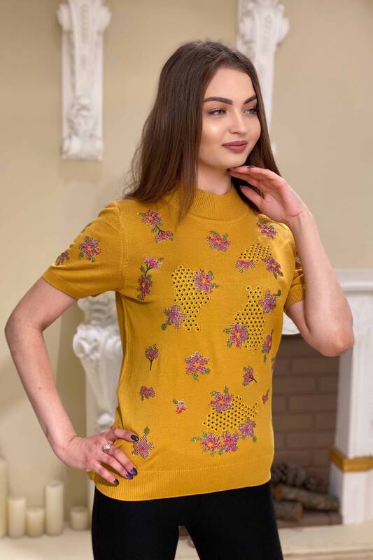 Wholesale Women's Knitwear Floral Patterned Short Sleeve - 16270 | KAZEE