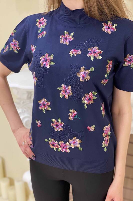 Wholesale Women's Knitwear Floral Patterned Short Sleeve - 16270 | KAZEE
