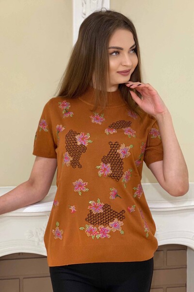 Wholesale Women's Knitwear Floral Patterned Short Sleeve - 16270 | KAZEE - Thumbnail