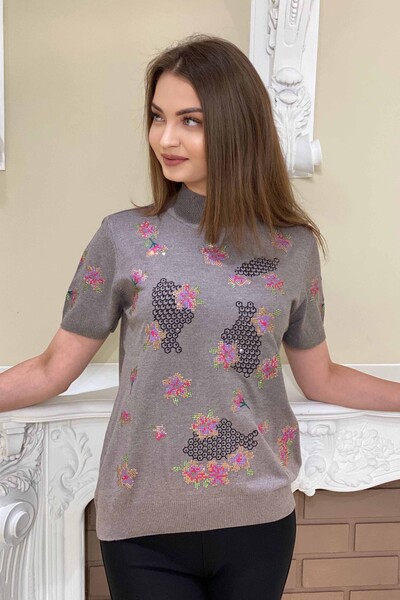 Wholesale Women's Knitwear Floral Patterned Short Sleeve - 16270 | KAZEE - Thumbnail