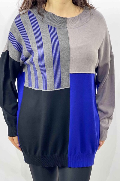 Wholesale Women's Knitwear Stand Up Collar Patterned Striped - 16101 | KAZEE - Thumbnail
