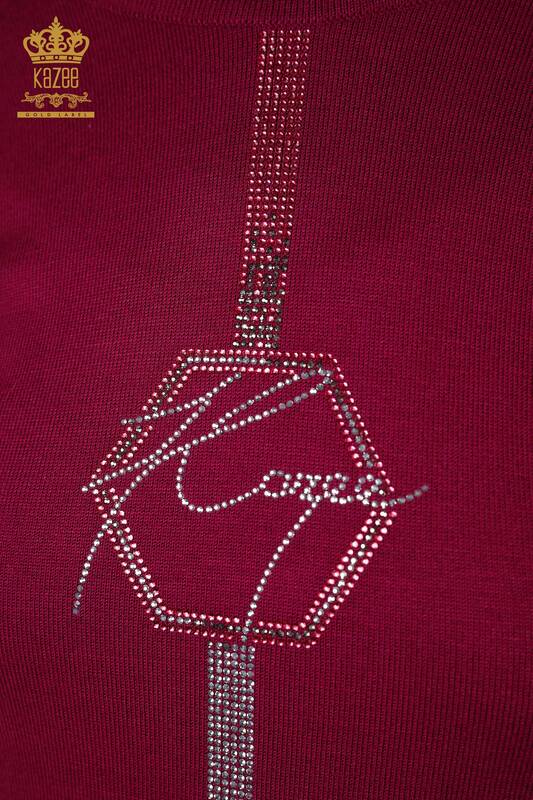 Wholesale Women's Knitwear Kazee Logo Stone Detailed Sleeve Embroidered - 16633 | KAZEE