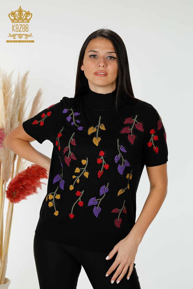 Wholesale Women's Knitwear Leaf Patterned Black - 16753 | KAZEE - 1