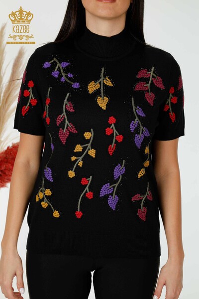 Wholesale Women's Knitwear Leaf Patterned Black - 16753 | KAZEE - 2