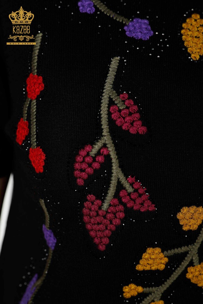 Wholesale Women's Knitwear Leaf Patterned Black - 16753 | KAZEE - 3