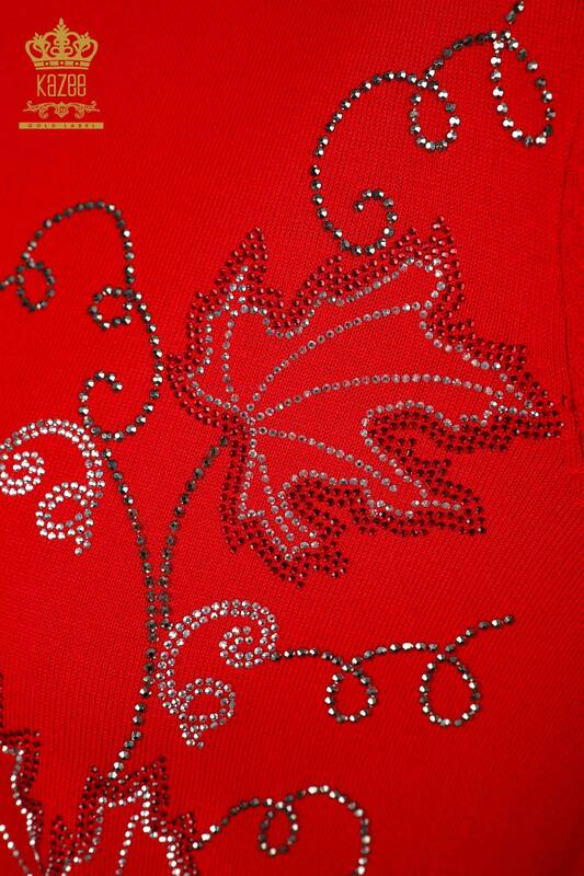 Wholesale Women's Knitwear Leaf Patterned American Model Stone Embroidered - 15862 | KAZEE